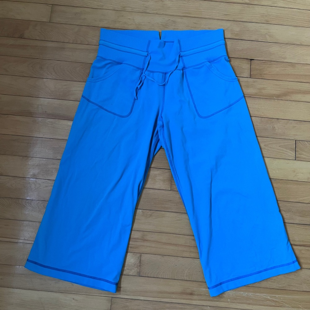 Lululemon Wide Leg Crop Yoga Pants Electric Blue Ribbed Waist Drawstring Pocket